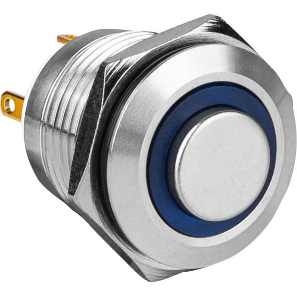Main product image for SPST NO Momentary 16mm Stainless Steel Tamper/Waterproof Raised Push Button Switch with Blue Ring